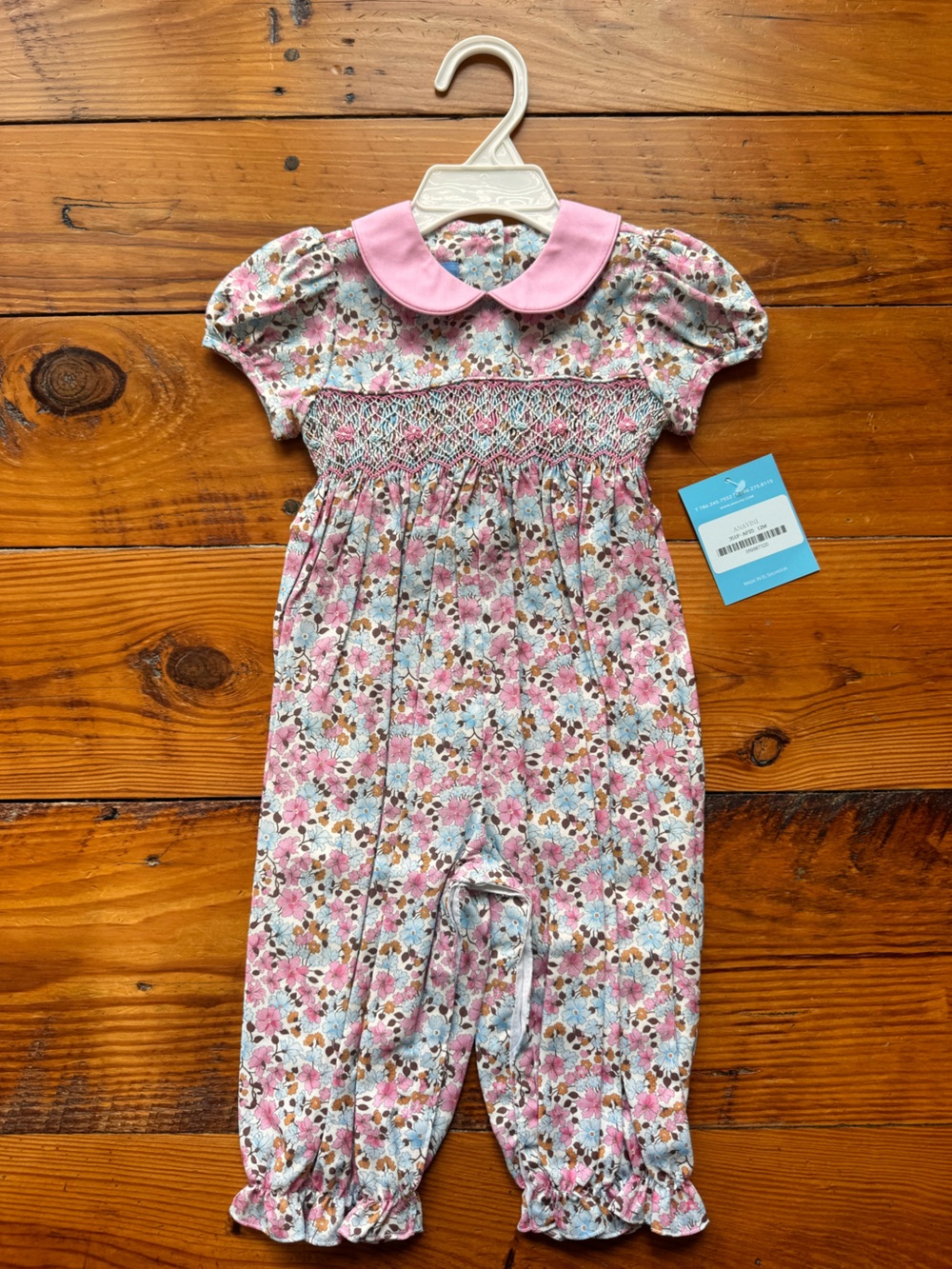 Liberty of London smocked Floral Baby Girl Romper with Pink Peter Pan Collar
